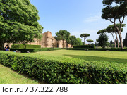 Scenic view of Terme di Caracalla in Rome. Umbrella pines in vast around ruins (2013 год). Стоковое фото, фотограф Ирина Мойсеева / Фотобанк Лори