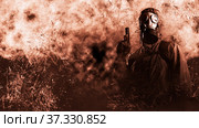 grown male stalker holds a gun pistol in his hand. He is dressed in a protective jacket with a hood, a gas mask. He looks into the camera. On a grunge brown background. Poster post-apocalyptic. Стоковое фото, фотограф Владимир Арсентьев / Фотобанк Лори