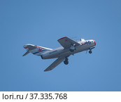 Moscow Russia Zhukovsky Airfield 31 August 2019: Demonstration of the Russian MiG-15 Bis 1120 (Fagot) the international aerospace salon MAKS-2019. Стоковое фото, фотограф Фотограф / Фотобанк Лори