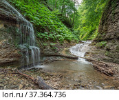 Кавказские горы, Адыгея. Пороги и водопады на горной реке Аминовка. Caucasus Mountains, Adygea. Rapids and waterfalls on the mountain river Aminovka. Стоковое фото, фотограф Евгений Романов / Фотобанк Лори