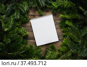Новогодний фон с чистым листом блокнота. Вид сверху. Стоковое фото, фотограф Андрей Пустякин / Фотобанк Лори