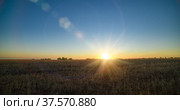 Flat hill meadow timelapse at the summer sunset time. Wild nature and rural grass field. Sun rays and green trees. Motorised dolly slider and panorama. Стоковое видео, видеограф Александр Маркин / Фотобанк Лори