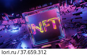 Rotation of technological cube with neon NFT inscription. Seamless animation. Стоковое видео, видеограф Alexander / Фотобанк Лори