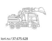 Excavator, side view. Commercial vehicles. Heavy special transport for construction works. Wheeled powerful excavator for digging pits, trenches. Construction business. Sketch, linear drawing. Экскаватор, вид сбоку. Коммерческие автомобили. Тяжелый спецтранспорт для строительных работ. Колесный мощный экскаватор для рытья котлованов, траншей. Строительный бизнес. Эскиз, линейный рисунок. Стоковая иллюстрация, иллюстратор Dmitry Domashenko / Фотобанк Лори
