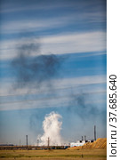 Panorama view on steppe and explosion. White cloud and black smoke. Coal quarry in Kazakhstan. Beautiful sky with clouds. Стоковое фото, фотограф Alexey Rezvykh / Фотобанк Лори