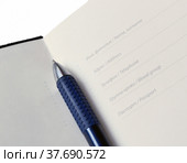 Страница еженедельника  с информацией о владельце и авторучка на сгибе. Стоковое фото, фотограф Елена Перминова / Фотобанк Лори