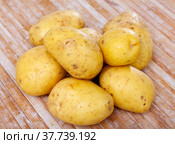 Closeup of fresh organic yellow potatoes on wooden table. Стоковое фото, фотограф Яков Филимонов / Фотобанк Лори