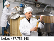 Brewmaster measuring beer density with digital hydrometer in brewery. Стоковое фото, фотограф Яков Филимонов / Фотобанк Лори