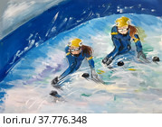 Два спортсмена соревнуются в забеге по шорт-треку . Детский рисунок. Стоковая иллюстрация, иллюстратор Ирина Борсученко / Фотобанк Лори