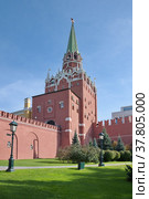 Вид из Александровского сада на Троицкую башню Московского Кремля. Москва, Россия (2021 год). Стоковое фото, фотограф Елена Коромыслова / Фотобанк Лори