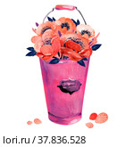 Gouache coral anemones in a pink pail. Hand-drawn clipart for art work and weddind design. Стоковая иллюстрация, иллюстратор Денисова Анастасия / Фотобанк Лори