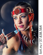 Northern warrior woman. Portrait with sword. Стоковое фото, фотограф Сергей Великанов / Фотобанк Лори