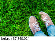 Стильный, модный яркий летний фон. Зеленая лужайка, природа и ноги человека. Радуемся лету, теплу, ярким краскам. Девушка в парке, непринужденная удобная обувь и стиль одежды, свобода, непосредственность. Фон, обои, открытка. Стоковое фото, фотограф Ludmila Zyubina / Фотобанк Лори
