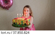 В день рождения девочка задувает свечи на праздничном торте. On her birthday, the girl blows out the candles on the birthday cake. Стоковое видео, видеограф Мария / Фотобанк Лори