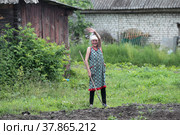 Женщина вскапывает огород (2022 год). Редакционное фото, фотограф Дмитрий Неумоин / Фотобанк Лори