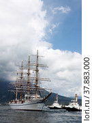 Парусник Nippon Maru на фоне вулкана Сакурадзима в сопровождении буксиров (Кюсю, Япония) (2010 год). Стоковое фото, фотограф Александр Гаценко / Фотобанк Лори