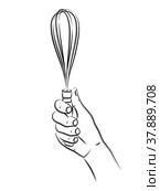 Hand holds whisk. Kitchen accessory. Utensils for cooking creams, sauces, omelettes, beaten eggs. Used for topics like bakery, pastry, culinary. Use for menu design, recipes, and kitchen goods. Sketch. Рука держит венчик для взбивания. Кухонный аксессуар. Посуда для приготовления кремов, соусов, омлетов, взбитых яиц. Используется для таких тем, как хлебобулочные изделия, кондитерские изделия, кулинария. Используйте для дизайна меню, рецептов и кухонных товаров. Эскиз. Стоковая иллюстрация, иллюстратор Dmitry Domashenko / Фотобанк Лори