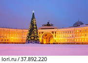 St. Petersburg in Christmas holidays. Decorated Christmas tree on a snowy Palace Square against the background of General Staff Building. Translation inscription at base of tree: Merry Christmas and Happy New Year (2019 год). Стоковое фото, фотограф Виктория Катьянова / Фотобанк Лори
