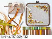 Closeup view on process of embroidery with satin ribbons of a floral square ornament in a frame.  Sets of colored ribbons and the needle case on a white table (embroidery made by the author of the photo) Стоковое фото, фотограф Виктория Катьянова / Фотобанк Лори