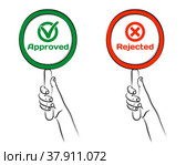 Hand holding round frame or card on handle. Red Rejected sign. Green Approved sign. Approve icon, Reject icon for website or application, web banner, poster. Sketch, editable linear contour drawing. Рука держит круглую рамку или карточку на ручке. Красный знак отказа. Зеленый одобренный знак. Значок Утвердить, значок Отклонить для веб-сайта или приложения, веб-баннера, плаката. Эскиз, редактируемый линейный контурный рисунок. Стоковая иллюстрация, иллюстратор Dmitry Domashenko / Фотобанк Лори