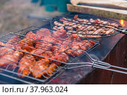 Marinated beef and shrimp cooked on the grill. Стоковое фото, фотограф Марина Шабардина / Фотобанк Лори