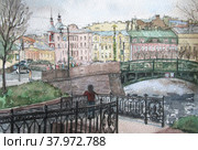 Saint Petersburg bridges in spring, watercolor illustration. Стоковая иллюстрация, иллюстратор Aleksandra Serova / Фотобанк Лори