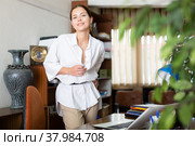 Young attractive woman in white blouse undress at office. Стоковое фото, фотограф Яков Филимонов / Фотобанк Лори