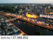 Evening aerial view of city of Laval and the Mayenne river. France. Стоковое фото, фотограф Яков Филимонов / Фотобанк Лори