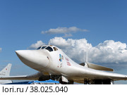 Сверхзвуковой стратегический бомбардировщик дальней авиации Ту-160 («Белый лебедь») на Международном авиационно-космическом салоне МАКС-2021 в Жуковском, Россия. Редакционное фото, фотограф Free Wind / Фотобанк Лори