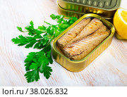 Mackerel fillets preserves in oil with herbs. Стоковое фото, фотограф Яков Филимонов / Фотобанк Лори