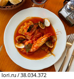 Seafood monkfish tail with shrimp and mussels. Стоковое фото, фотограф Яков Филимонов / Фотобанк Лори
