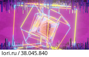 Rotating luminous lines of yellow, blue, orange. Neon cubes revolve around a metal cube. VJ LOOP. Seamless animation. Стоковое видео, видеограф Alexander / Фотобанк Лори