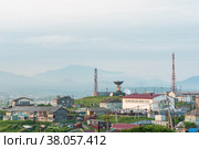 Landscape of Kunashir Island near Yuzhno-Kurilsk overlooking a television station of the space communication system (2022 год). Редакционное фото, фотограф Евгений Харитонов / Фотобанк Лори