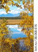 View on a beautiful autumn foothill valley through a frame of bright yellow trees. Siberia, Buryatia, Eastern Sayans, Tunkinskaya valley. Natural seasonal background. Стоковое фото, фотограф Виктория Катьянова / Фотобанк Лори