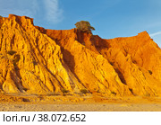 Unusual terracotta sculptural rocks border the sandy beaches of Falesia against a blue sky in the sunset (Praia da Falesia). Vilamoura, Algarve, Portugal. Natural bright background (2012 год). Стоковое фото, фотограф Виктория Катьянова / Фотобанк Лори