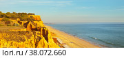 Panoramic top view of the beautiful sandy beach of Falesia (Praia da Falesia) on a sunny afternoon. Vilamoura, Algarve, Portugal (2012 год). Стоковое фото, фотограф Виктория Катьянова / Фотобанк Лори