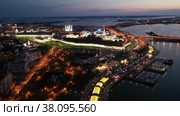 Kazan Kremlin at summer night with view of Kazanka River. Стоковое видео, видеограф Яков Филимонов / Фотобанк Лори