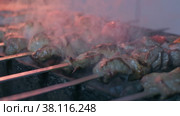 Close-up of lumpy kebab with tomato and ground kebab is grilled on the grill. Стоковое видео, видеограф Aleksey Kidisyuk / Фотобанк Лори