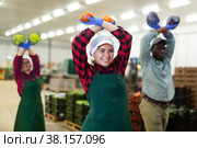 Vegetable warehouse workers preforming dance in workplace. Стоковое фото, фотограф Яков Филимонов / Фотобанк Лори