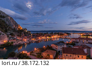 Omis Landscape at sunset with the moon and reflection (2015 год). Стоковое фото, фотограф Михаил Аккуратoв / Фотобанк Лори