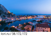 Omis Landscape at sunset with the moon. The city is lit by electricity. (2015 год). Стоковое фото, фотограф Михаил Аккуратoв / Фотобанк Лори