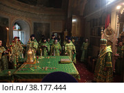 Епископ Балашихинский и Орехово-Зуевский Николай служит литургию в день нахождения мощей преподобного Сергия Радонежского в Савинском храме (2022 год). Редакционное фото, фотограф Дмитрий Неумоин / Фотобанк Лори