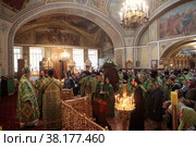 Епископ Балашихинский и Орехово-Зуевский Николай служит литургию в день нахождения мощей преподобного Сергия Радонежского в Савинском храме (2022 год). Редакционное фото, фотограф Дмитрий Неумоин / Фотобанк Лори