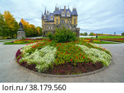 Russia, Samara region, September 2021: Garibaldi Castle is a unique architectural object in the neo-Gothic style. The village of Khryashchevka. Редакционное фото, фотограф Акиньшин Владимир / Фотобанк Лори
