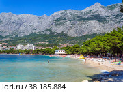 Panorama of the beach resort of Makarska. In the background the mountain Biokovo. Стоковое фото, фотограф Михаил Аккуратoв / Фотобанк Лори