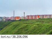 View of the town of Yuzhno-Kurilsk on the island of Kunashir. Стоковое фото, фотограф Евгений Харитонов / Фотобанк Лори