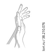 Two female hands in realistic gesture of stroking, rubbing and applying to skin moisturizing cream. Hand skin care to prolong health, beauty and youth. Skin care, nutrition and protection. Sketch. Две женские руки в реалистичном жесте поглаживания, растирания и нанесения на кожу увлажняющего крема. Уход за кожей рук для продления здоровья, красоты и молодости. Уход за кожей, питание и защита. Эскиз. Стоковая иллюстрация, иллюстратор Dmitry Domashenko / Фотобанк Лори