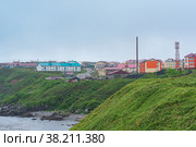 View of the town of Yuzhno-Kurilsk on the island of Kunashir (2022 год). Редакционное фото, фотограф Евгений Харитонов / Фотобанк Лори