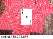 Playing cards scattered on table. Background of scattered deck cards filling inverted reverse side with cross ACE to top entire on textured wooden. Top view, close-up. Copyright space for site. Стоковое фото, фотограф Aleksandr Golubev / Фотобанк Лори