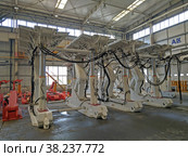 China, Zhengzhou - 03.07.2019. Hydraulic support for coal mining. Редакционное фото, фотограф Цибаев Алексей / Фотобанк Лори